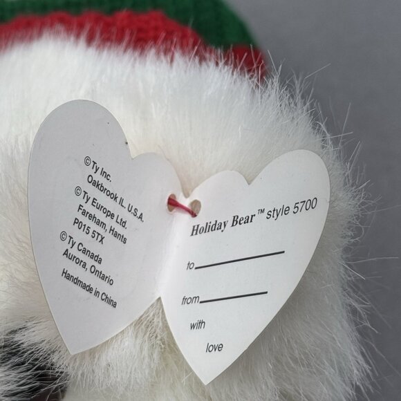 Vintage TY Beanie Buddies White Holiday Bear 1997 Knit Hat Scarf Green Red 14" - Picture 8 of 8
